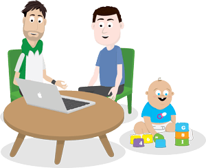 parent and therapist both looking at a laptop together, a baby is sat on the floor playing with blocks
