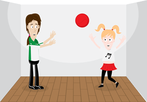 Therapist and child playing catch with a large red ball