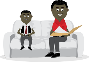 Father sits and read a report sat on a sofa, child sits next to him smiling